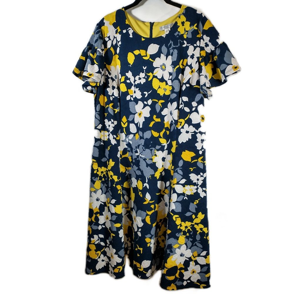 London Times blue and yellow fit and flare dress, 18W